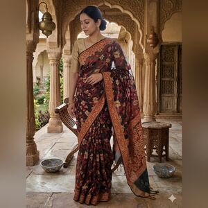 Women Pure Jute Noil Benarasi Saree Handloom W Blouse Pallu Designer